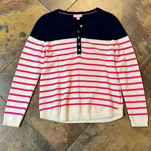 Lilly Pulitzer Long Sleeve Adair Sweater Pink White Stripe Blue Button Top Mediu - Picture 3 of 9